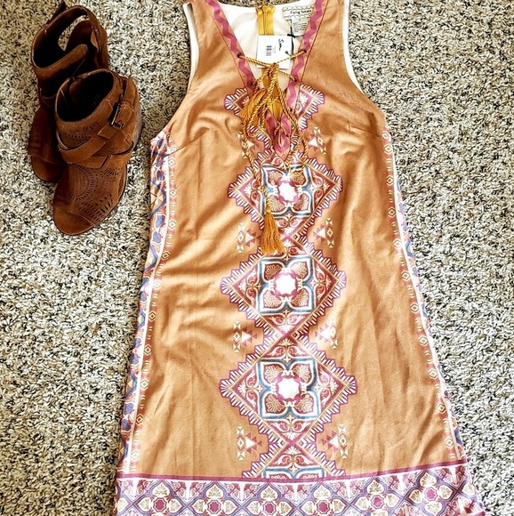 Flying Tomato Lace Up Piece Print Faux Suede Dress Boho - Picture 3 of 5